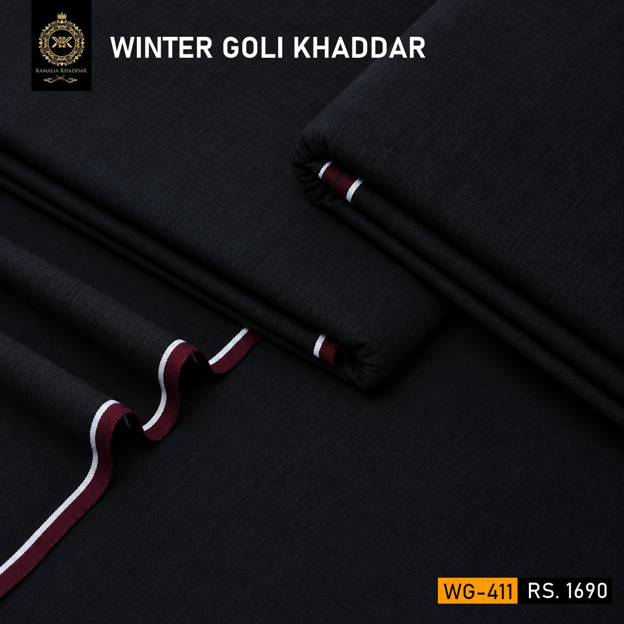 WG-411 Full Dark Black Winter Goli Kamalia Khaddar Collection Kamalia Khaddar Goli Khaddar represents a distinctive construction and texture within winter Khaddar. Its character comes from the way the yarns are arranged and woven, creating a fabric with a recognizable natural surface and a substantial winter feel.